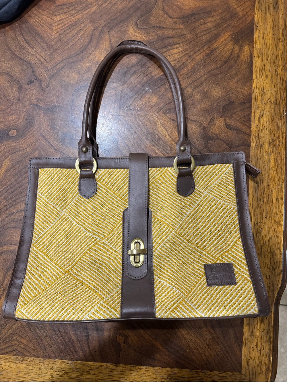 Brown Leather-Trim Mustard Tote Bag